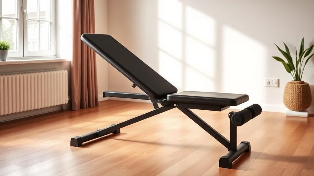 Banco de musculación plegable ajustable en un salón con suelo de madera, entorno doméstico limpio y práctico.