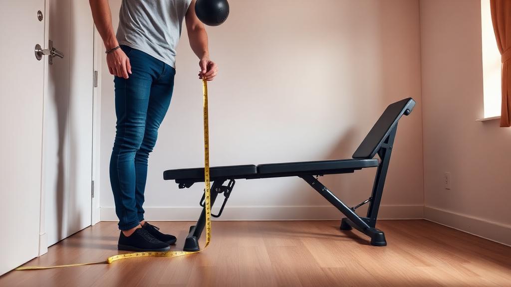 Persona midiendo el espacio disponible en una habitación pequeña junto a un banco plegable de musculación.