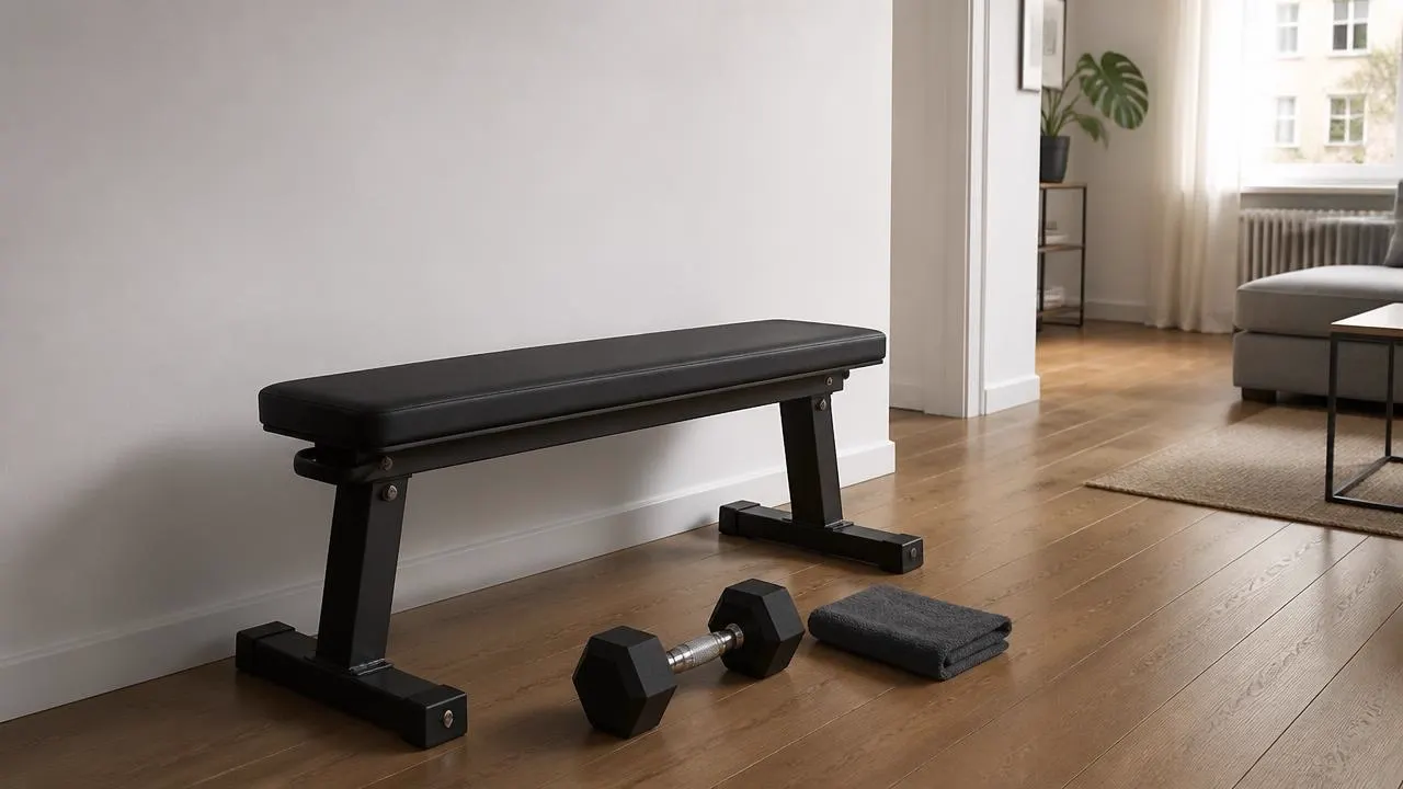 Banco plano de musculación apoyado contra la pared de un salón, con una mancuerna y una toalla en el suelo, listo para hacer hip thrust en casa.