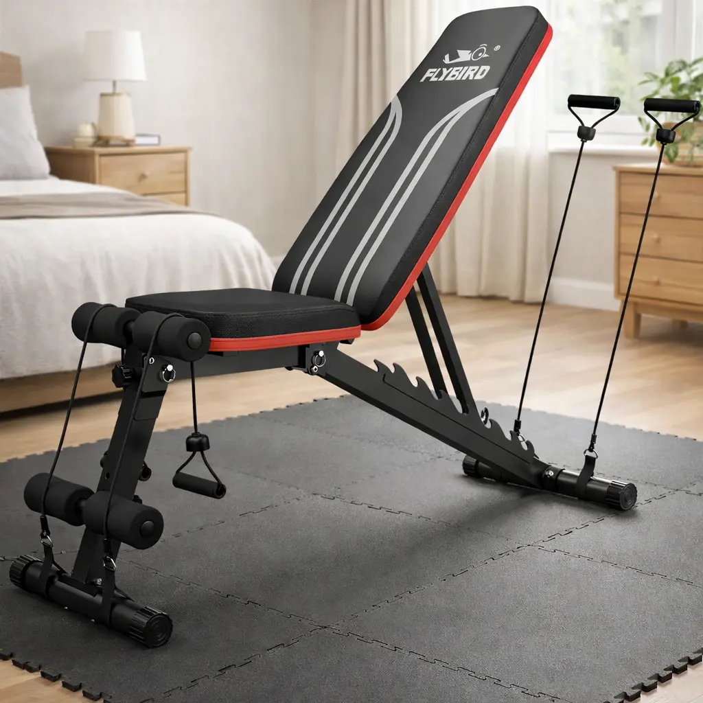 Banco ajustable Flybird con bandas de resistencia sobre esterilla tipo puzzle en una habitación preparada para entrenar en casa.