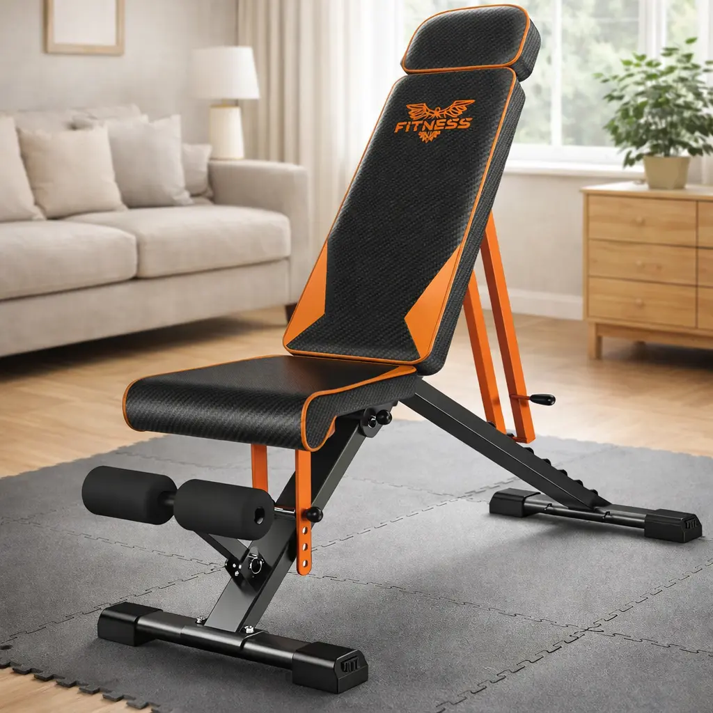 Banco de musculación plegable Dskeuzeew con respaldo ajustable sobre esterilla tipo puzzle en un salón con sofá al fondo.