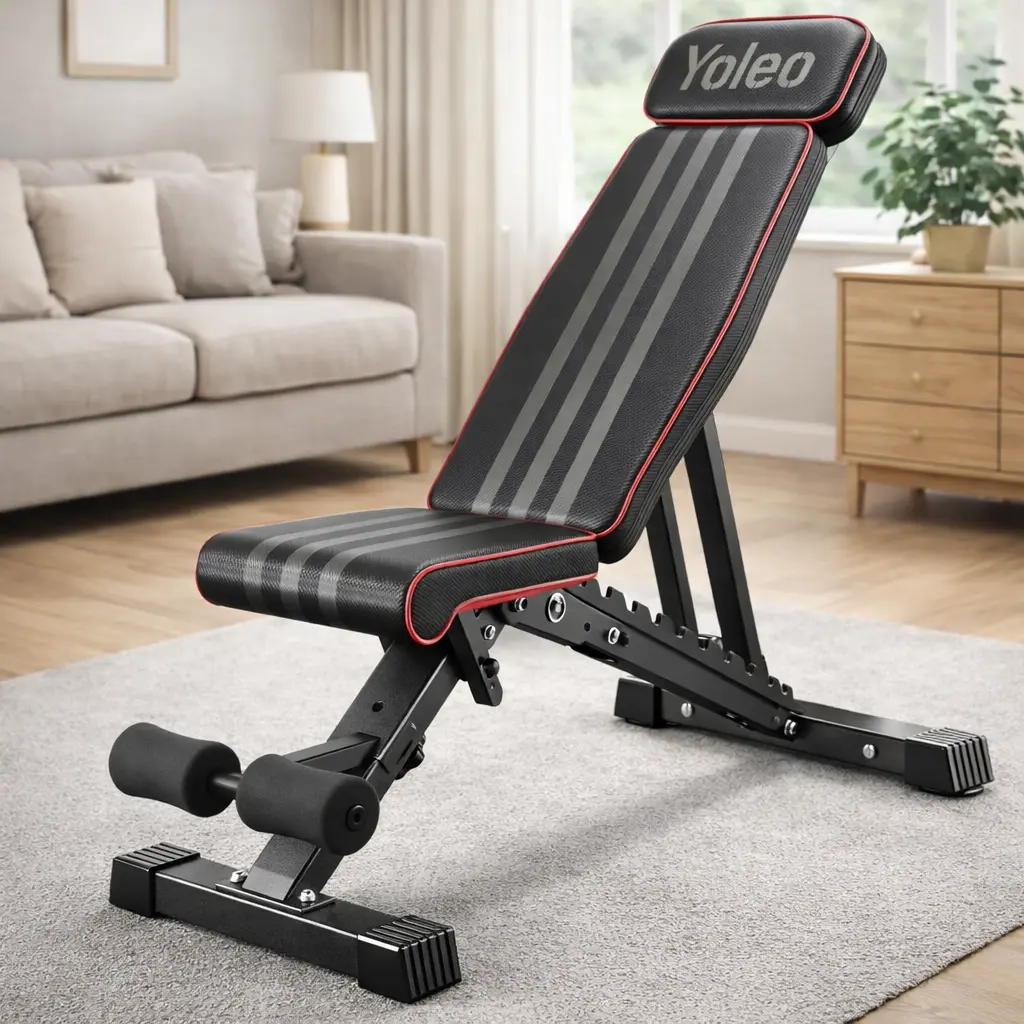 Banco de pesas plegable Yoleo con respaldo extendido y apoyo cervical colocado en un salón de casa.