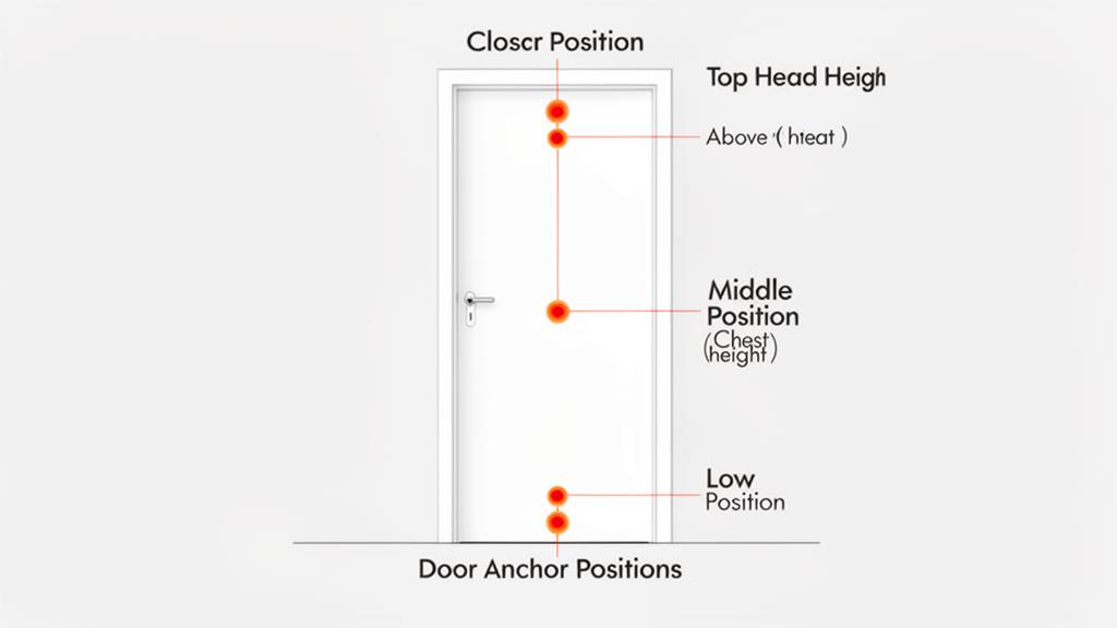 Diagrama mostrando las tres posiciones de anclaje de puerta: alto (por encima de la cabeza), medio (altura del pecho) y bajo (cerca del suelo)