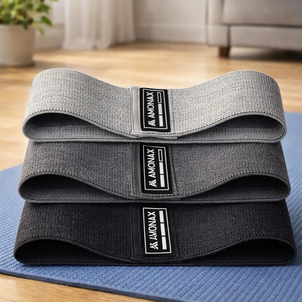 Set de bandas elásticas de tela Amonax apiladas sobre esterilla de yoga en suelo de casa.
