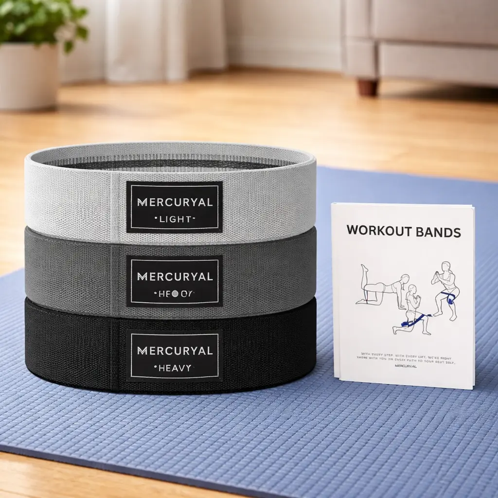 Pack de 3 bandas elásticas de tela MERCURYAL con guía de ejercicios, sobre esterilla en salón de casa.