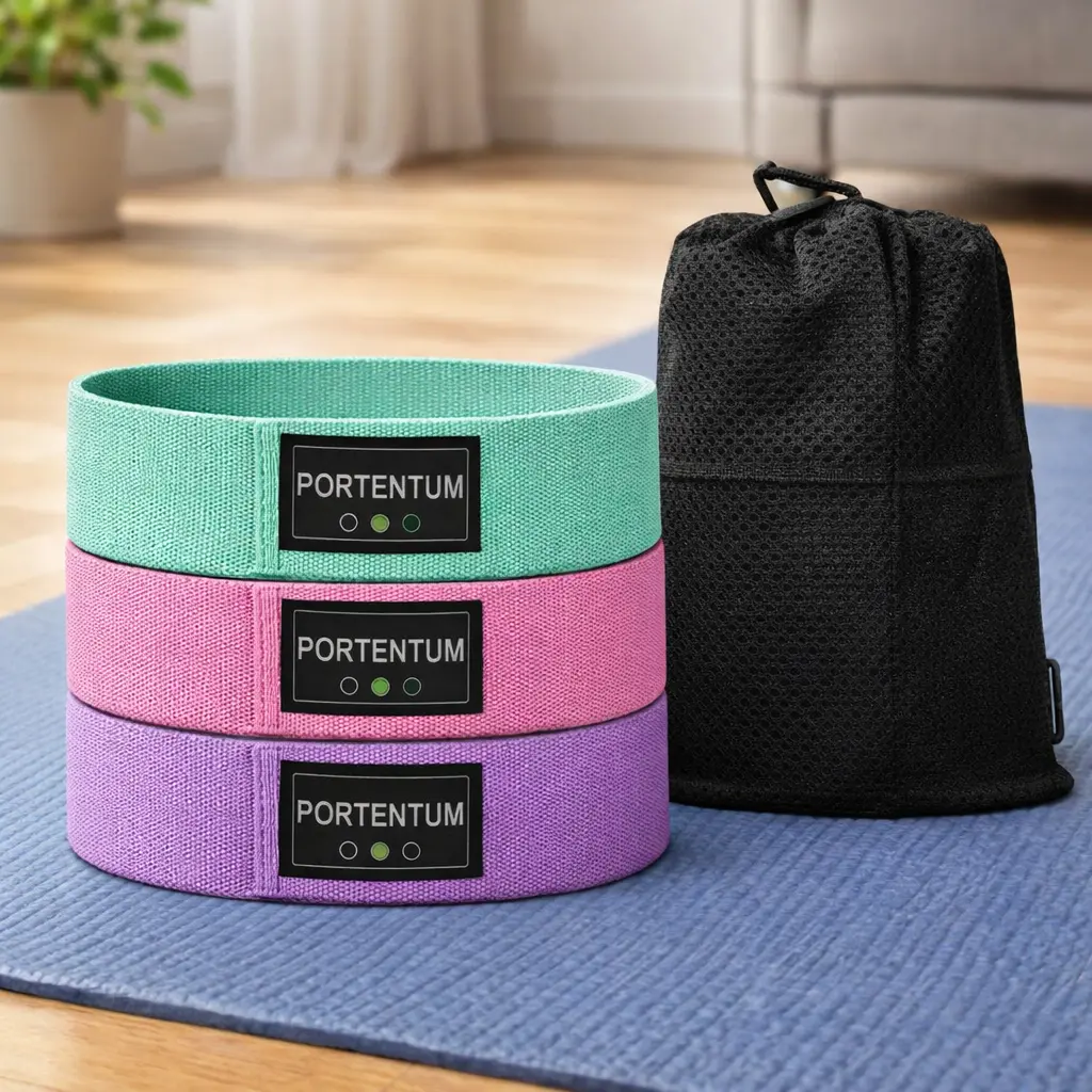 Set de 3 bandas elásticas de tela PORTENTUM con bolsa de malla, sobre esterilla en salón de casa.