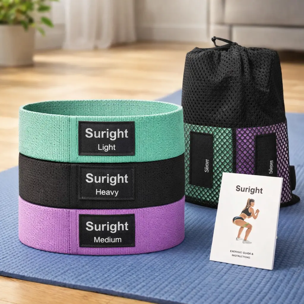 Tres bandas elásticas de tela Suright con bolsa de malla y guía, sobre esterilla en salón de casa.