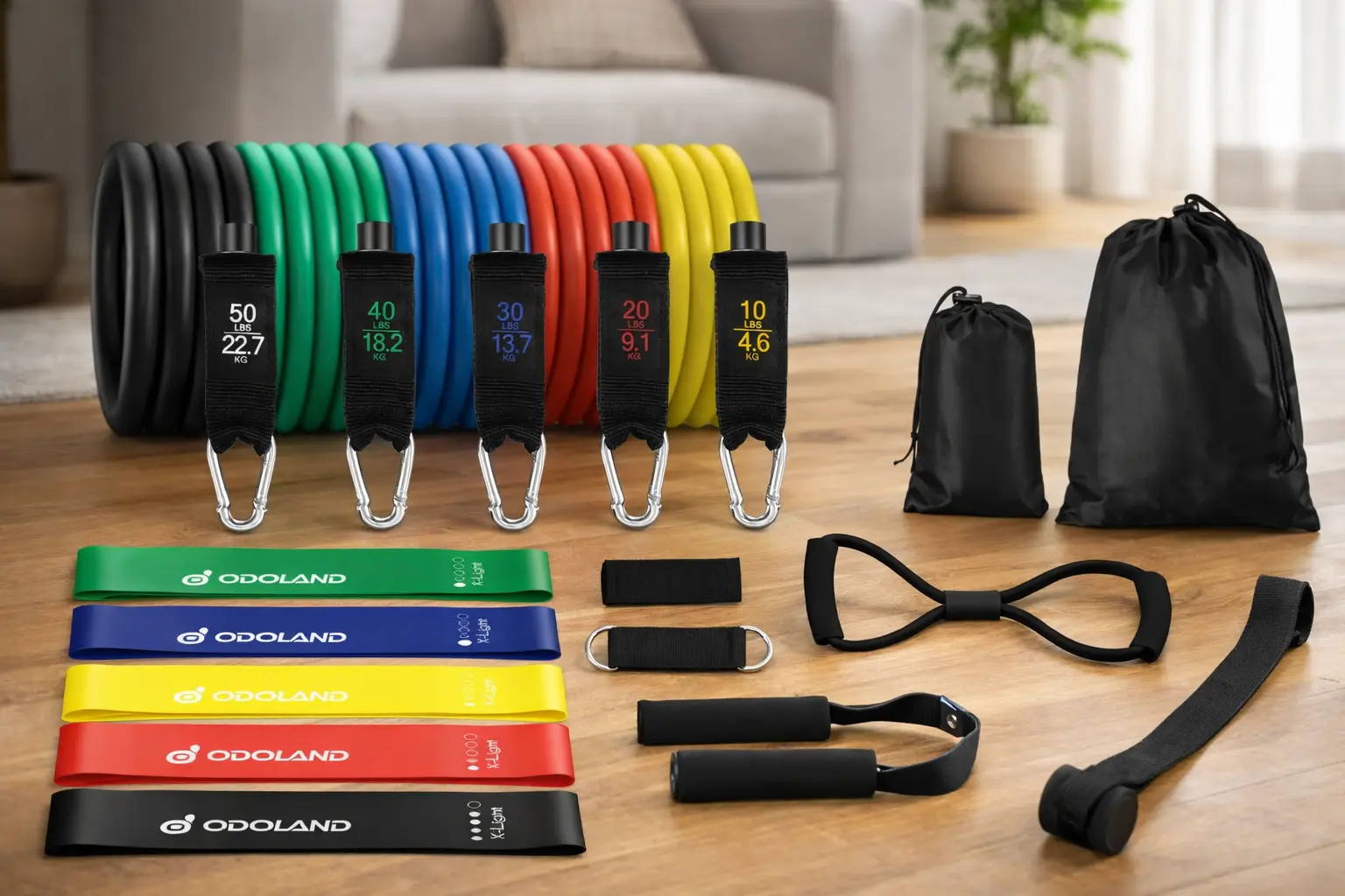 Set de bandas elásticas Odoland con tubos, loop bands, asas, anclaje de puerta y bolsas, en salón de casa.