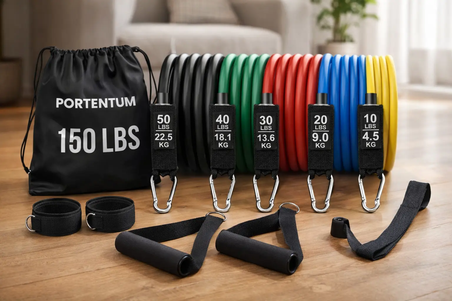 Kit PORTENTUM de bandas elásticas tipo tubo con asas, tobilleras, anclaje de puerta y bolsa de transporte en salón de casa