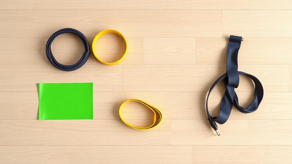 Diferentes tipos de bandas elásticas para entrenar en casa: tela, látex y tubos con asas sobre suelo de madera.