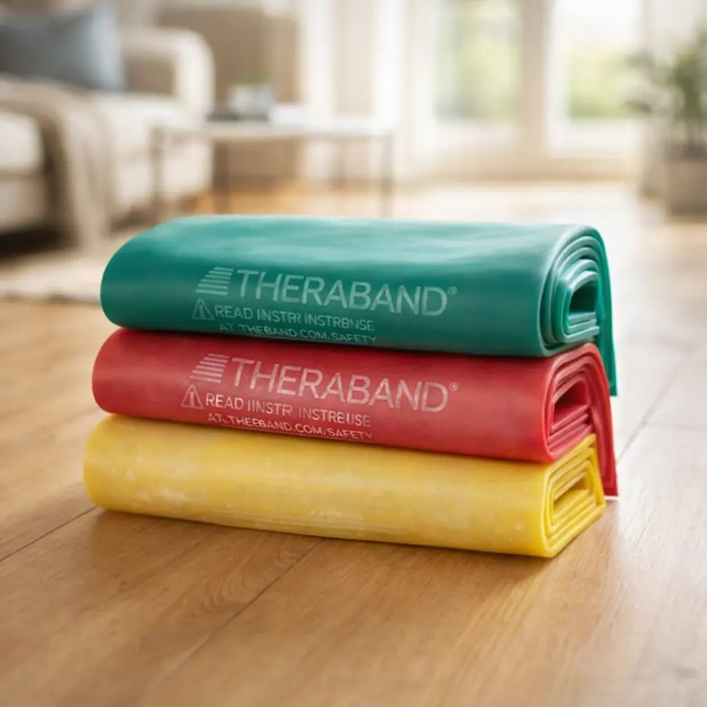 Juego de bandas elásticas TheraBand verde, roja y amarilla apiladas sobre suelo de madera en salón de casa