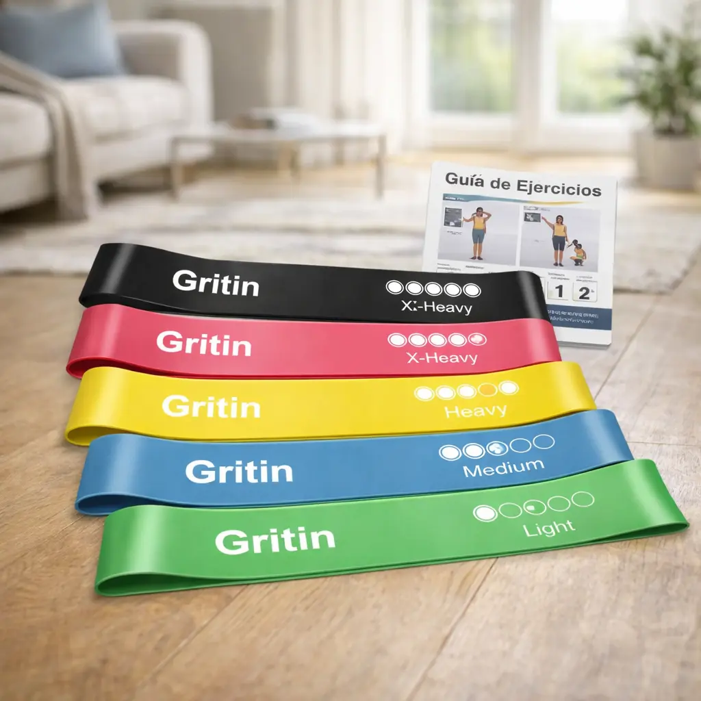 Set de bandas elásticas de colores con niveles de resistencia sobre suelo de salón en casa.