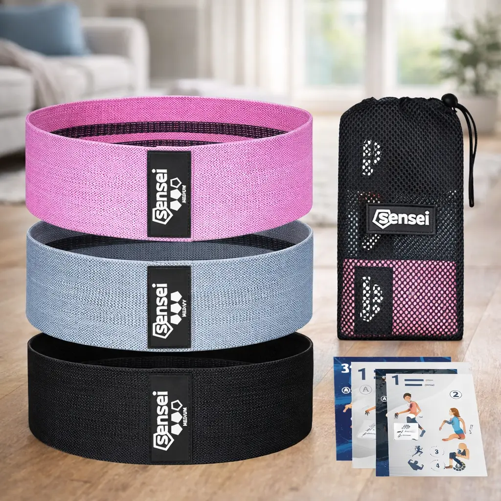 Set de 3 bandas elásticas antideslizantes Sensei con bolsa de malla y guías, sobre suelo de salón en casa