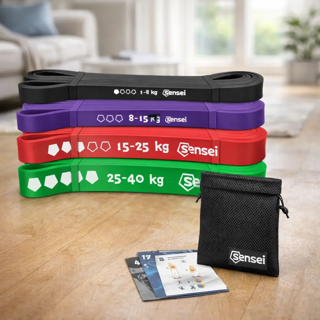 Set de 4 bandas elásticas Sensei de colores con bolsa de malla y guías, sobre suelo de salón en casa