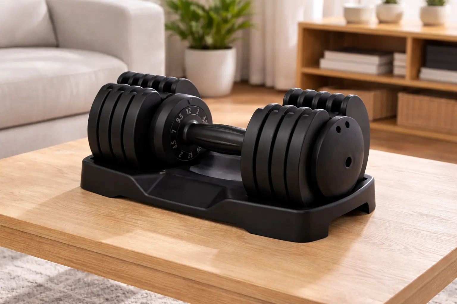Mancuerna ajustable Amazon Basics 12kg negra con base, colocada sobre mesa de madera.