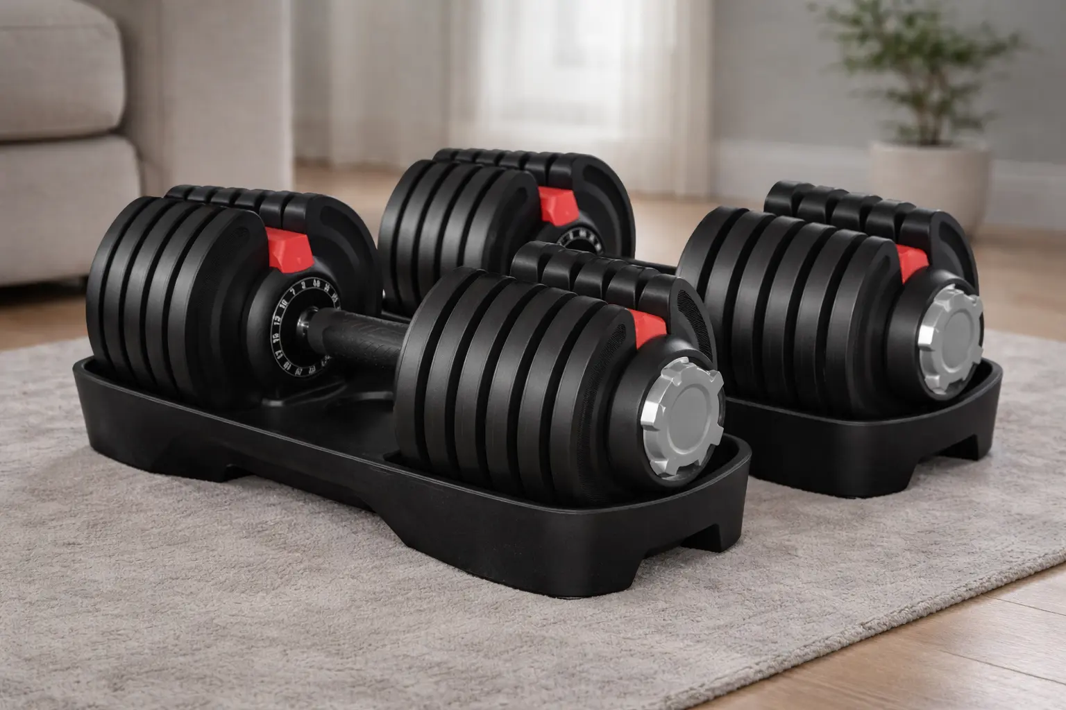 Par de mancuernas ajustables Yaheetech 40 kg con discos negro y rojo sobre suelo de madera en salón de casa