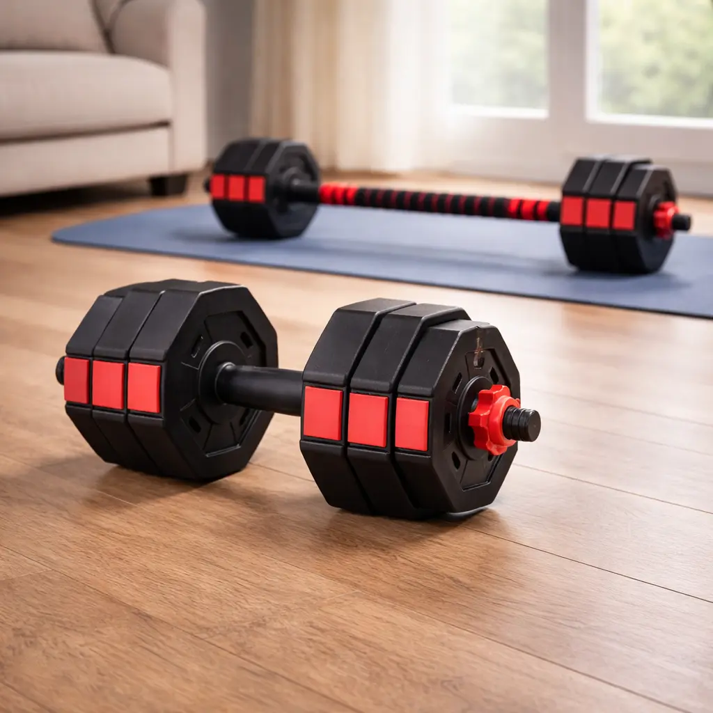 Set de mancuernas ajustables 50 kg Fitness Tech negro y rojo con barra conectora sobre suelo de madera en salón
