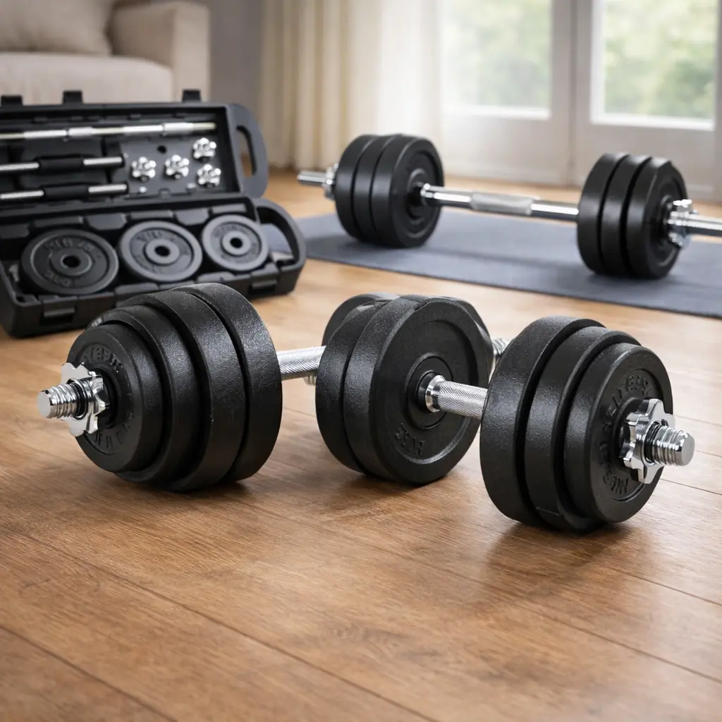 Set de mancuernas ajustables 50 kg unycos y barra con maletín y discos, sobre suelo de madera en habitacion.