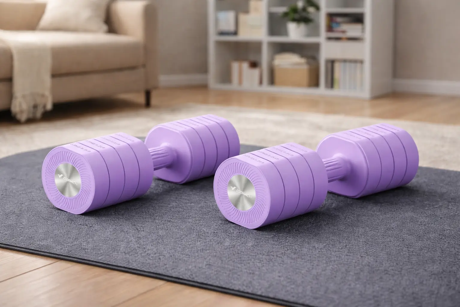 Par de mancuernas ajustables para mujeres 5 kg Merach moradas cuadradas compactas sobre esterilla en casa