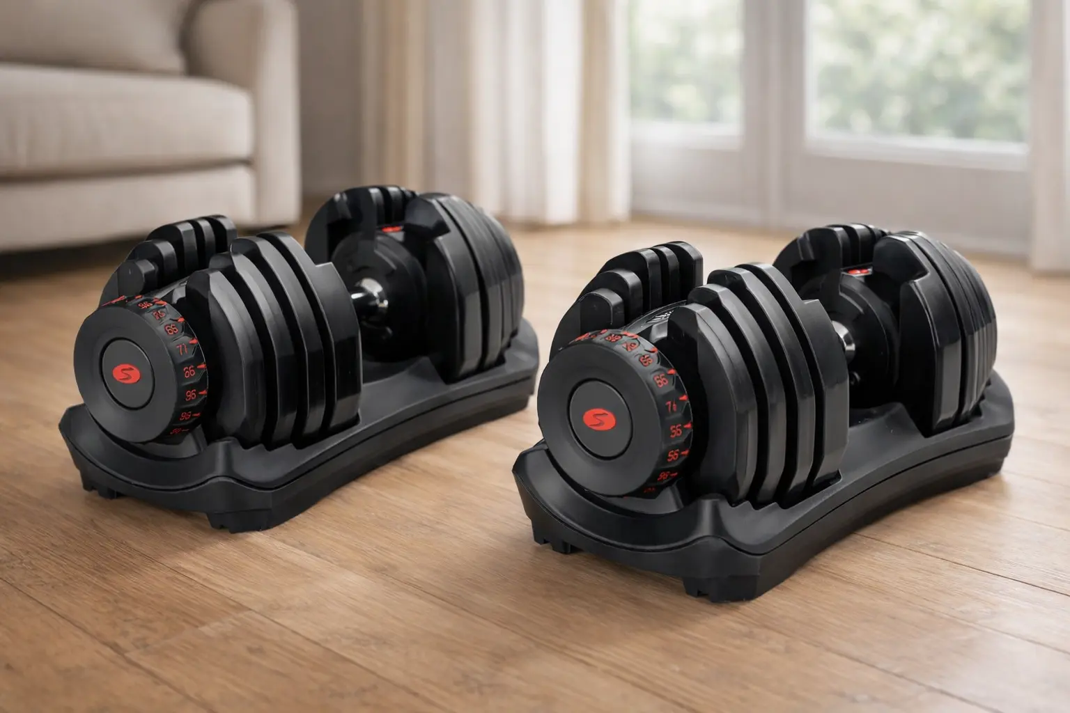 Mancuerna ajustable Bowflex 1090i de 40kg con dial selector, colocada sobre suelo de madera en casa.