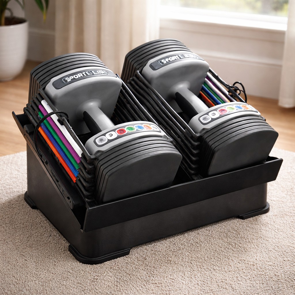 Par de mancuernas ajustables PowerBlock Sport 24 con base compacta en salón pequeño