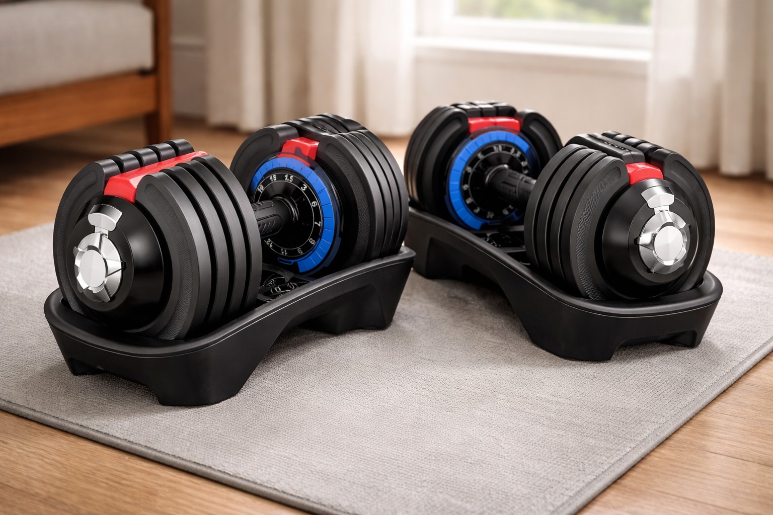 Par de mancuernas ajustables negras con selector rojo y dial azul sobre esterilla en interior luminoso.