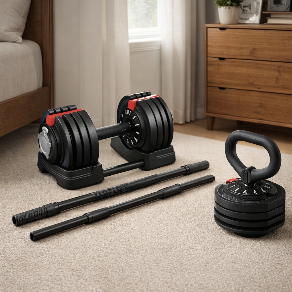 Kit de mancuernas ajustables con bases, barras desmontables y kettlebell piso pequeño.