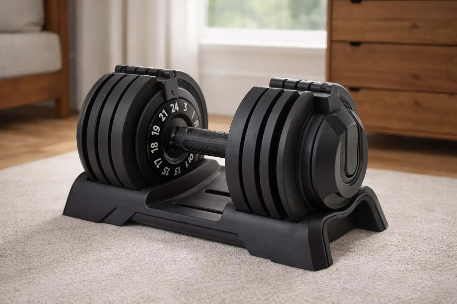 Mancuerna ajustable Amazon Basics con dial de peso y base, ideal para principiantes en casa