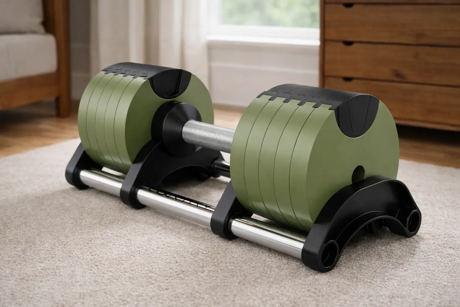 Mancuerna ajustable LULLAX NEO20 con base compacta, ideal para entrenar en pisos pequeños.