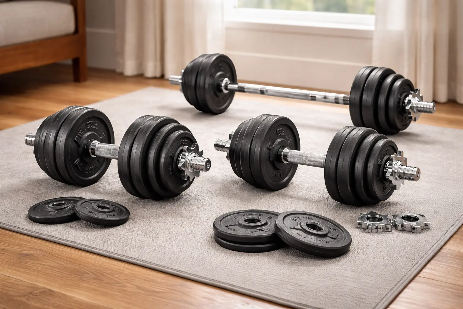 Set de mancuernas ajustables PROIRON con discos y barra de conexión para entrenar fuerza en casa.