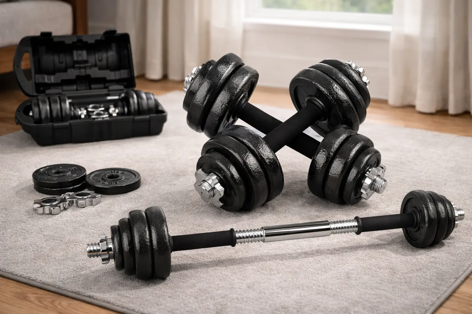 Set de mancuernas ajustables unycos 3 en 1 con barra y discos para entrenar en casa.