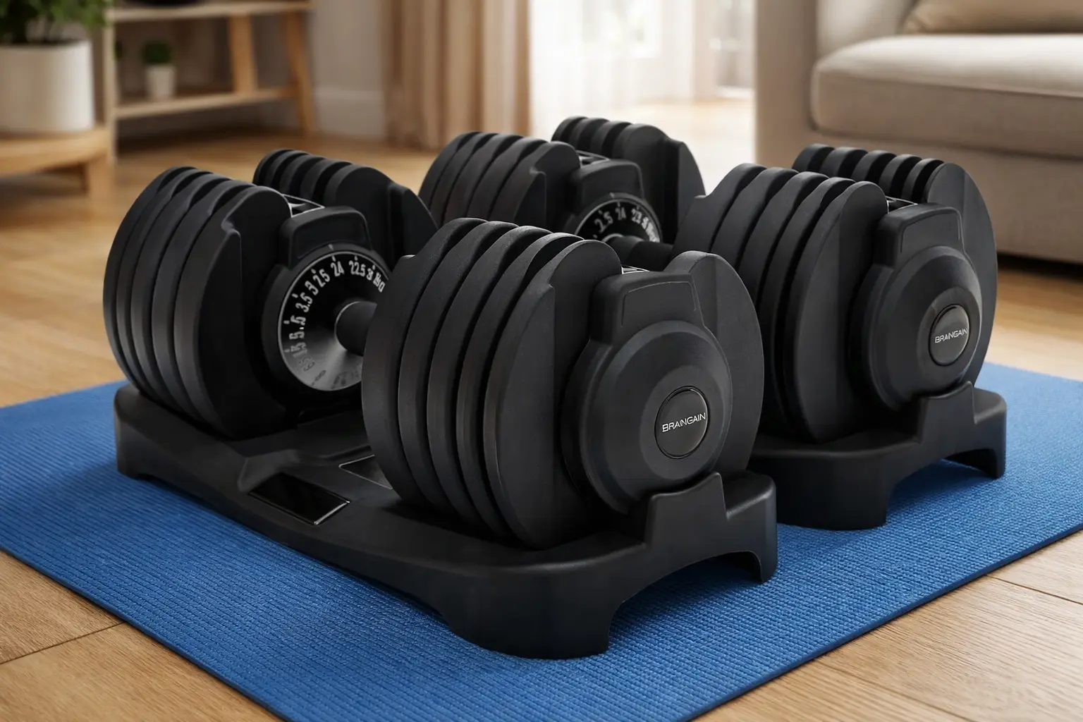 Mancuernas ajustables BRAINGAIN 2.5-24kg con selector y base en salón de casa