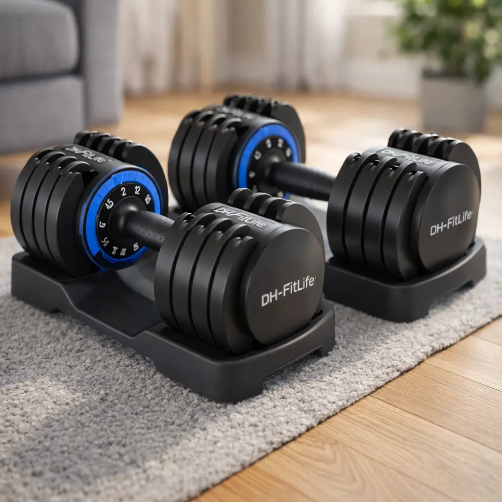 Set de mancuernas ajustables DH FitLife con base y dial azul, sobre esterilla gris en salón de casa.