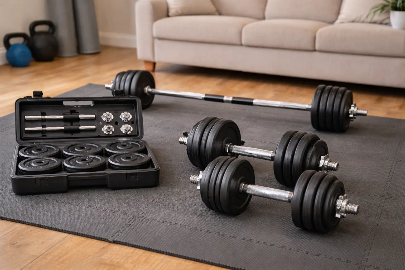 Mancuernas ajustables sobre esterilla de gimnasio para proteger el suelo y reducir ruido